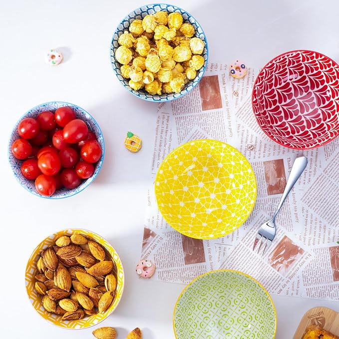 AntoKueh Colorful Ceramic Bowls 10oz, 4.7in small cereal bowl Set of 6 for ice cream, Dessert, Porcelain bowl for Dipping, Sauce, Dishwasher/Microwave safe