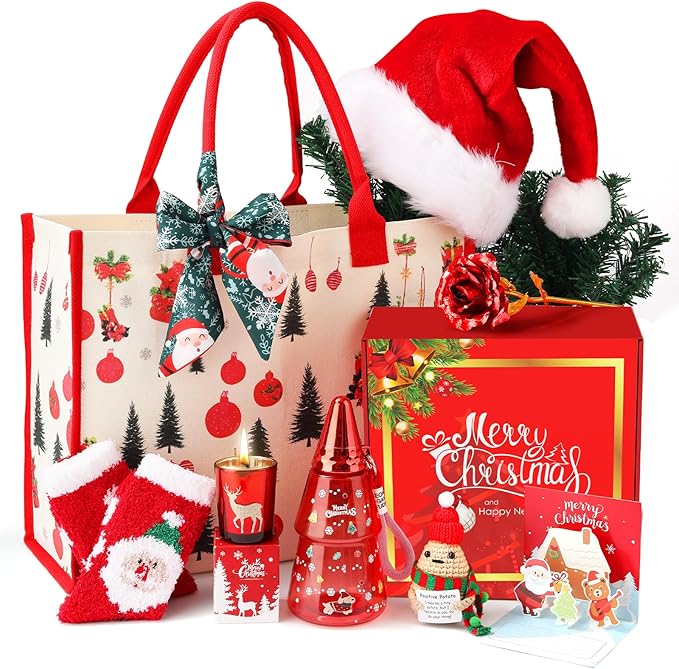 Gift baskets for Women, Gift Sets for Mom, Her, Wife, Girlfriend, Care Package for Women, Birthday Unique Gifts, Holiday Gifts Basket with Canvas Tote Bag Sock Tumbler Flower