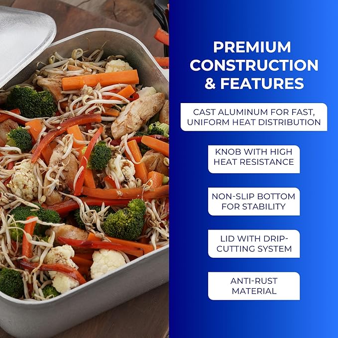 Universal Unique Square Caldero (9 Quart - 24 Cups), Stainless Aluminum Pot, Oven Safe, Even Heat Distribution and Fast Cooking Dutch Oven Pot with Lid, Ideal for Rice, French Fries, and More
