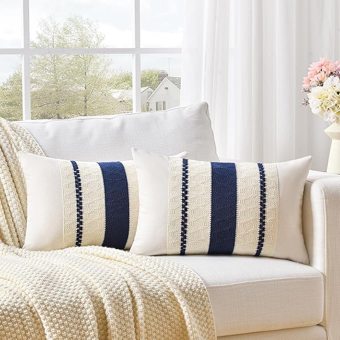 Fancy Homi Set of 2 Navy Blue Lumbar Decorative Throw Pillow Covers 14x24 Inch for Couch Bed Sofa Living Room, Aesthetic Modern Organic Farmhouse Home Decor, Soft Cotton Woven Textured Cushion Case