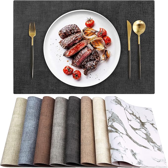 LANDVIEW Leather Heat Resistant Placemats Set of 6 Waterproof Wipeable Washable PU Table Mats,Easy to Clean Anti-Slip Place Mats (Dark Grey, 6)