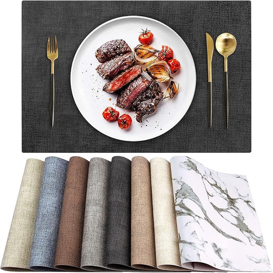 LANDVIEW Leather Heat Resistant Placemats Set of 6 Waterproof Wipeable Washable PU Table Mats,Easy to Clean Anti-Slip Place Mats (Dark Grey, 6)