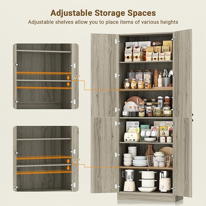 Cyclysio 80" Kitchen Pantry, Extra Tall Arch Storage Cabinet with 4 Doors and Adjustable Shelves, Freestanding Wood Cupboard with Seamless Fit Wall for Dining Living Room Bathroom Furniture (Ash Grey)