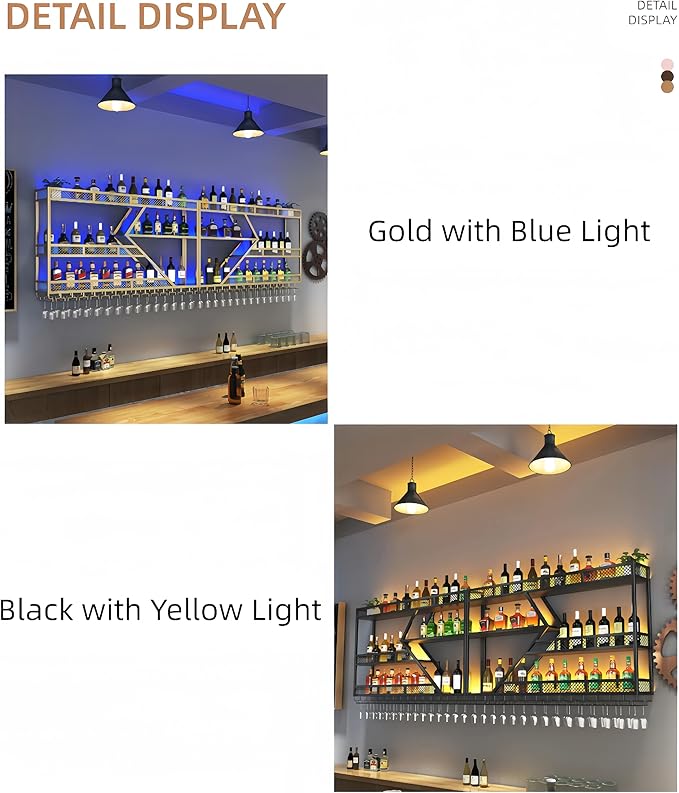 Modern Wall Mounted Wine Rack w/LED Light, Metal Wall Bar Shelves Wall Mounted w/Glass Holder, Large Liquor Shelf for Liquor Bottles for Home Bar & Dining Room(Gold-Blue Led, 79in/200cm)
