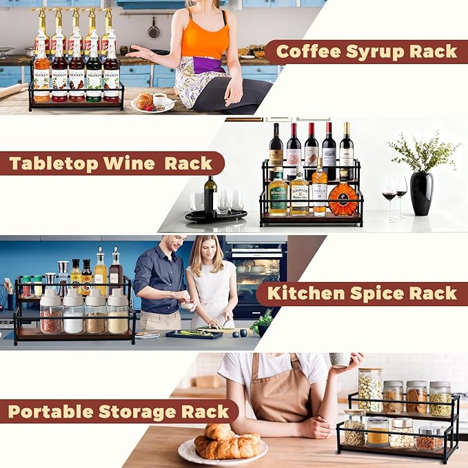 Coffee Syrup Rack Organizer - Metal Bottle Holder for 10 Bottles ??Rustic Countertop Display Shelf for Coffee Bar, Kitchen Cabinet, Pantry Storage for Syrups, Liquor, Spice, Tea & Wine (2-Tier)