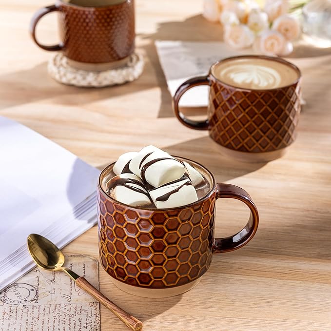GBhome 12OZ Stackable Coffee Mugs with Stand, Ceramic Coffee Mugs with Texture Patterns for Man,Woman,Dad,Mom, Modern Coffee Cups Set of 4 for Latte/Cappuccino. Dishwasher&Microwave Safe, Caramel