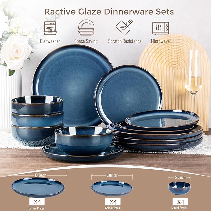 GBHOME Ceramic Dinnerware Sets for 4, 12 Pieces Stoneware Plates and Bowls Sets, Scratch Resistant Dishes, Dishwasher & Microwave Safe, Reactive Glaze-Deep Sea