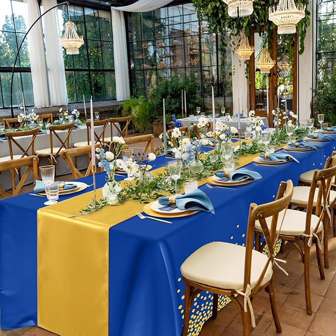 Tudomro 16 Pcs Gold and Dark Blue Disposable Plastic Tablecloths and Satin Table Runner Set 54x108 Inch Tablecloth 12x108 Inch Table Runners for New Year Wedding Birthday Baby Shower Graduation