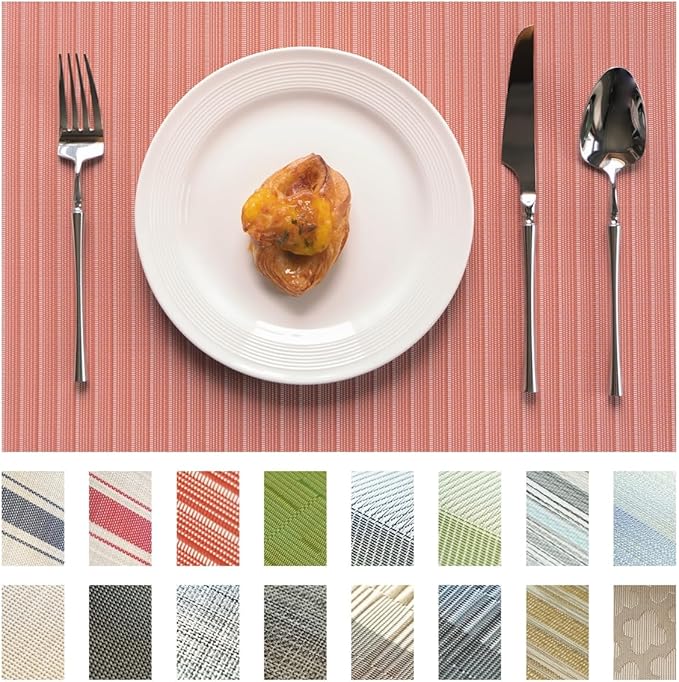 SUMYMERY Placemats Set of 6 Vinyl/Plastic Woven Place Mats for Kitchen Table Indoor/Outdoor Washable Placemat Wipeable Dining Table Mats (Red Stripes,6)