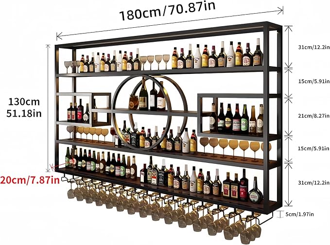 71" Metal Wine Rack Wall Mounted, Multi Functional Bar Shelves for Liquor Bottles with Glass Holder, Modern Wood Bar Shelves Wall Mounted for Home Bar & Dining Room(Black, 51" Height)