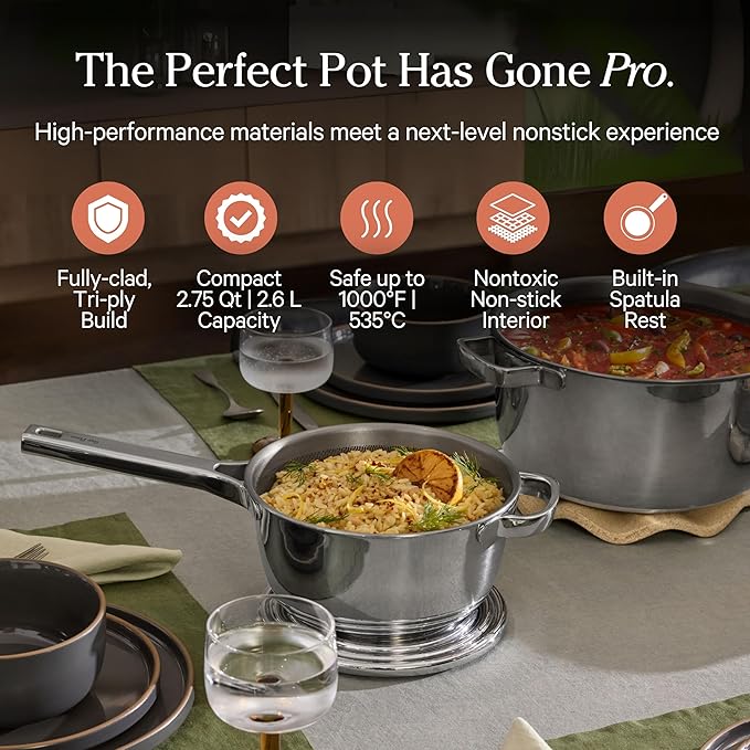Our Place Mini Titanium Perfect Pot Pro | 2.75 Qt Cooking Pot with Lid & Silicone Spoon | PFAS-Free Nonstick, Fully-Clad Tri-Ply Stainless Steel & Aluminum | Induction & Oven-Safe to 1000째F | Chrome