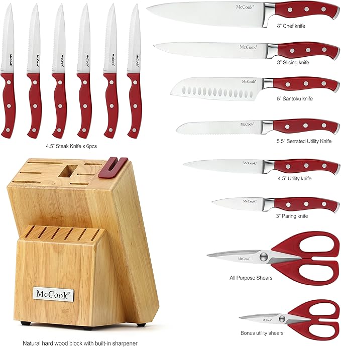 McCook짰 Stainless Steel Kitchen Knife Sets with Wooden Block, Kitchen Scissors and Built-in Sharpener, Red