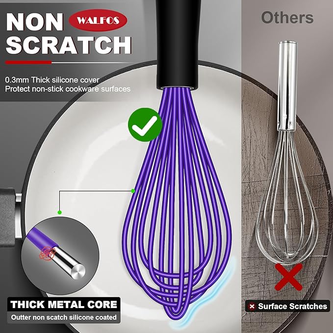 Walfos Whisk,7+9+11in Silicone Whisks for Cooking Non Scatch,Kitchen Whisk,BPA Free and Heat Resistant 480째F,Wisk Perfect for Frothing,Blending,Beating.Dishwasher Safe 3pcs Dark Purple