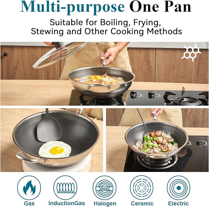 Wok, 12 Inch Stainless Steel Wok, Hybrid Nonstick Woks & Stir-fry Pans with Lid, Honeycomb Flat Bottom Pan with Stay-Cool Handle, Dishwasher and Oven Safe, PFOA Free Cookware