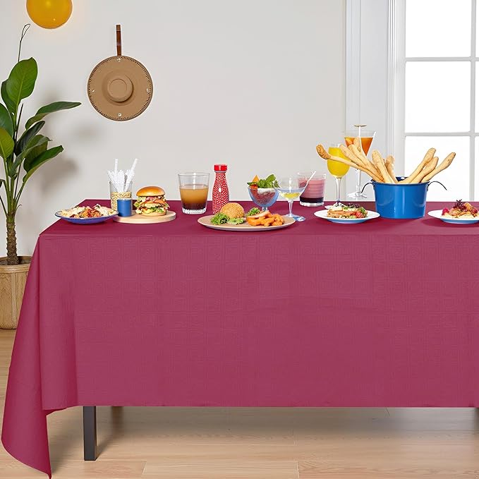 [6 Pack] Burgundy Paper Tablecloth Disposable for Rectangle Tables, 54 X 108 Inch Party Table Cover with Plastic Backing, Waterproof 3 Ply Table Cloth for Christmas Party Xmas