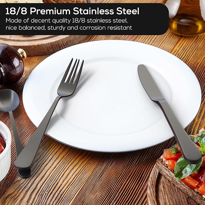 Upgraded 18/8 Stainless Steel 28-Piece Flatware Cutlery Set(Black)-Silverware set for 4-Luxurious Home Kitchen Dinnerware Sets-Great Kitchen Accessories-Perfect House Warming/Christmas Gift