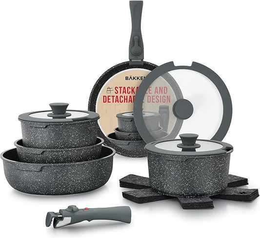 Pots & Pans Set Non Stick Ceramic-Granite ??15-Piece Cookware with Detachable Handles, Stackable Space-Saving, Dishwasher Safe, Oven & All-Stove Safe, Tempered Glass Lids, Black Granite