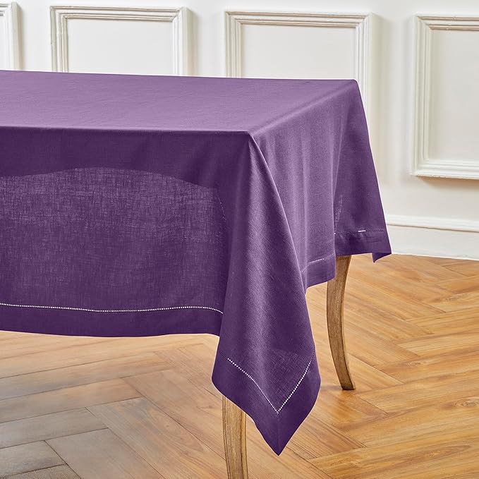Solino Home Linen Tablecloth for Rectangle Tables 60 x 120 Inch - Classic Hemstitch 100% Pure Linen Purple Table Cloth - Machine Washable Cloth Tablecloth for Valentines, Spring, Easter