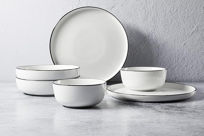 Gibson Home Oslo 16-Piece Porcelain Dinnerware Set, Service for 4 ??White Plates with Black Rim, Microwave & Dishwasher Safe