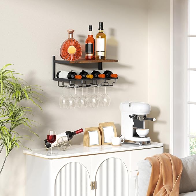 2 Tiers Wine Rack Wall Mounted with Wine Bottle Holder & Wine Glass Rack, Bar Shelves for Liquor Bottles, Hanging Wine Rack, Wine Storage Display Rack Shelf for Home Bar,Dining Room,Kitchen,Rustic