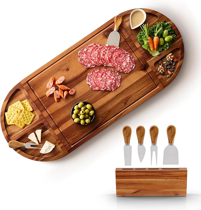 30 inch Large Acacia Wood Charcuterie Board with 4 Knives Set, Magnetic - 3 Parts Wooden Round Tray for Cheese - Long Appetizer Board for Serving Food Platter Cracker Snack