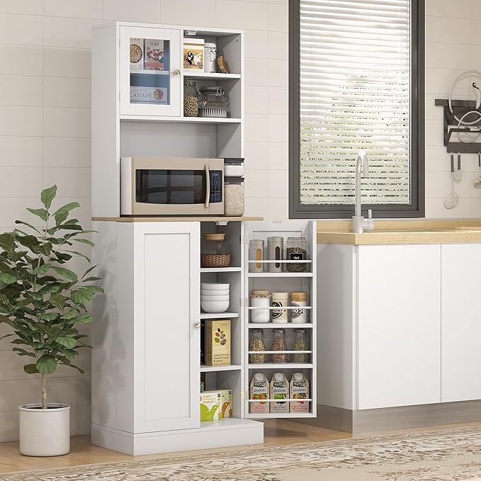Zateety 66.5" Pantry Cabinet with Microwave Stand, Freestanding Kitchen Storage Cabinet with Hutch, 8 Door Shelves, Adjustable Shelves, Food Pantry Cabinet for Dining Room, White