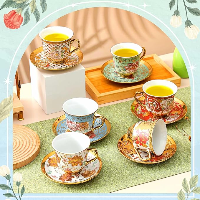 Set of 18 Tea Cups and Saucers Tea Party Decorations Floral Porcelain 5.4 oz British Gift for Women Birthday Party, Church, and Mother's Day (Stylish Style)