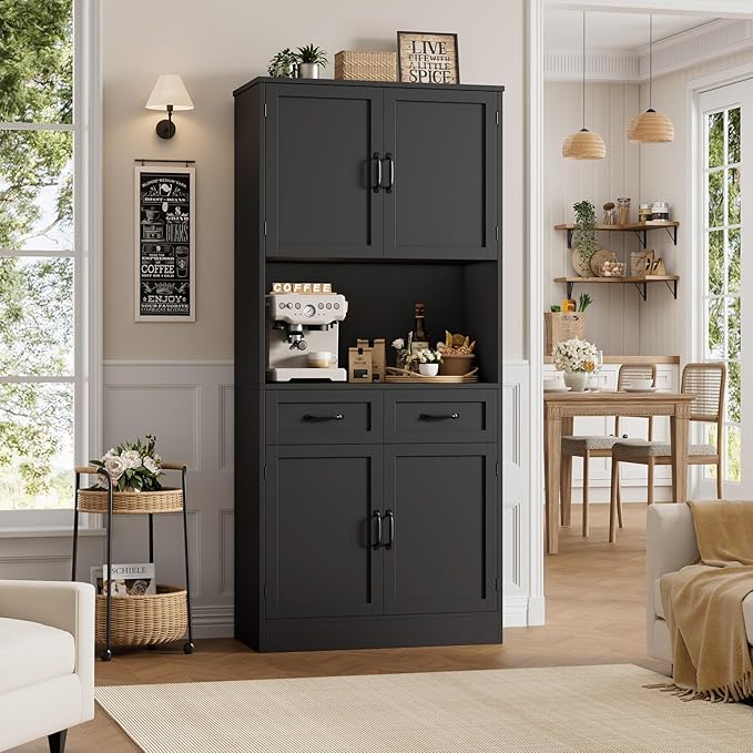 HOSTACK 71??Tall Kitchen Pantry Storage Cabinet, Modern Kitchen Hutch Bar Cabinet with Microwave Stand, Wood Buffet Sideboard with Hutch, Cupboard with Drawers, Shelves for Dining Room, Black