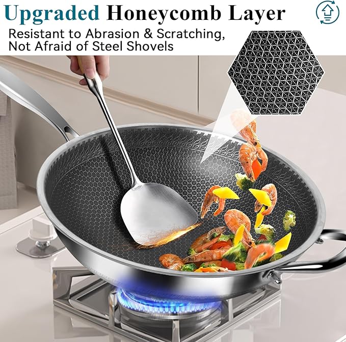 Wok, 12 Inch Stainless Steel Wok, Hybrid Nonstick Woks & Stir-fry Pans with Lid, Honeycomb Flat Bottom Pan with Stay-Cool Handle, Dishwasher and Oven Safe, PFOA Free Cookware