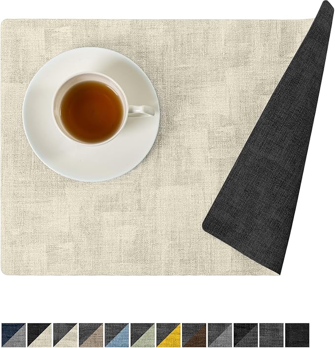 Romanstile Reversible Vinyl Placemats Set of 6, Faux Leather 100% Waterproof Oil-Proof Wipeable Place Mats, Heat Resistant Dual Sided Table Mats for Kitchen/Dining/Party (Grey Beige, 12 x 17 Inch)