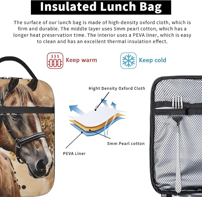 VANZEV Horse Lunch Box for Adults Women Girls Boys Kids Animal Lunch Box Insulated Cooler Reusable Lunch Bag Container Gifts for Work Office Picnic Travel School