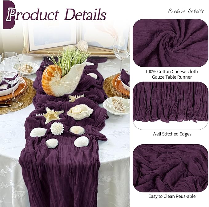 RealBox 3 Pack Dark Purple Cheesecloth Table Runner 17x108 Inch Semi Sheer Boho Gauze Cheese Cloth Fabric Table Runners Table Decor for Wedding Party Baby Shower Birthday Home Decor Garden Farmhouse