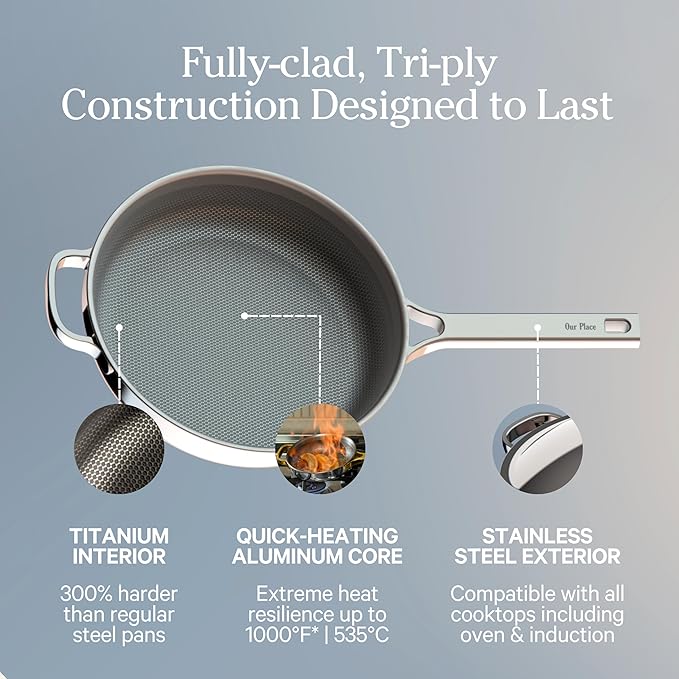Our Place Mini Titanium Always Pan Pro | 8.5" PFAS-Free Nonstick Frying Pan with Spatula | Chef-Grade Tri-Ply Stainless Steel & Aluminum Build | Induction & Oven-Safe up to 1000째F | Chrome