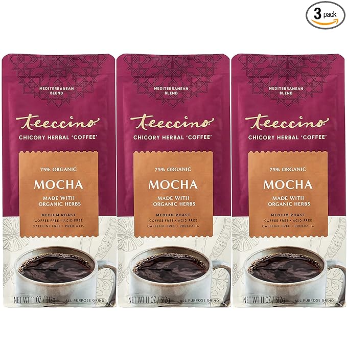 Teeccino Mocha Chicory Coffee Alternative - 11 Ounce - Ground Herbal Coffee That?™s Prebiotic, Caffeine-Free & Acid Free, Medium Roast, (Pack of 3)