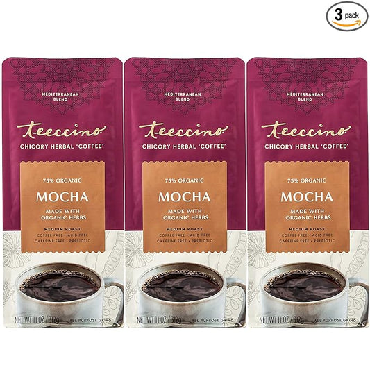 Teeccino Mocha Chicory Coffee Alternative - 11 Ounce - Ground Herbal Coffee That?™s Prebiotic, Caffeine-Free & Acid Free, Medium Roast, (Pack of 3)