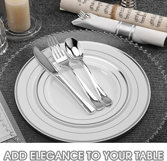 350 PCS White and Silver Plastic Dinnerware Set for 50 Guests, 100 Thanksgiving Disposable Plates for Party, 50 Pre Rolled Napkins with Silver Silverware, 50 Cups