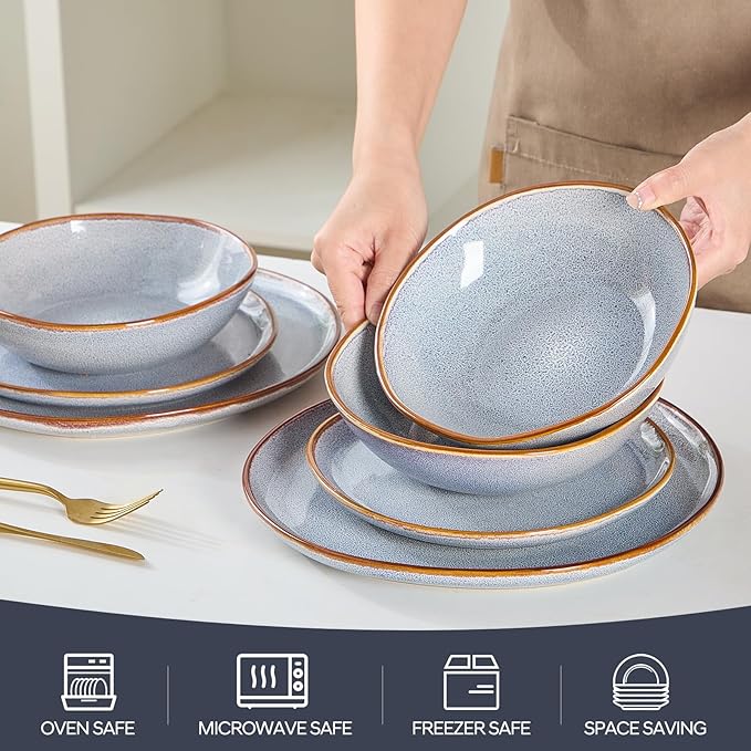 Bestone 12 Pieces Round Kitchen Dinnerware Sets竊똏lates and Bowls Sets,Dishes, Plates, Bowls, Dish Set, Chip Resistant Ceramic Dinnerware Set, Dishwasher/Microwave Safe,Service for 4,Reactive Blue