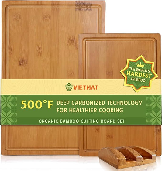 Vietnam Carbonized Bamboo Cutting Board Set of 2 with Holder, Non Toxic Reversible Boards with Juice Groove, Smooth Finish and Non Slip Feet, Handmade in Vietnam for Prep and Charcuterie