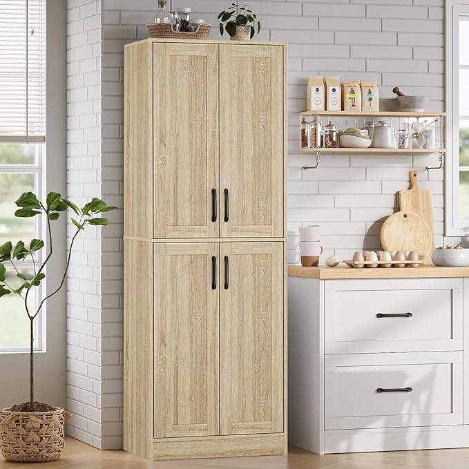Pantry - Kitchen Pantry Cabinet with 4 Doors and Adjustable Shelves, Tall Black Cabinet Freestanding Storage Cupboard for Dining Room Living Room, Laundry, Bathroom (Natural)