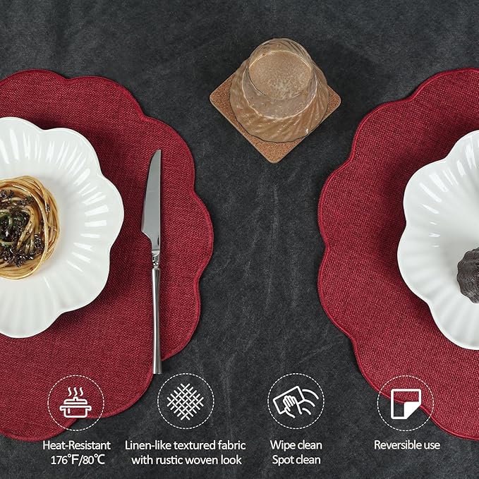 AHHFSMEI Round Faux Linen Placemats Set of 4 Waterproof Table Mats Heat Resistant Non-Slip and Stain Proof for Kitchen Dining Elegant Decor (Burgendy red,4)