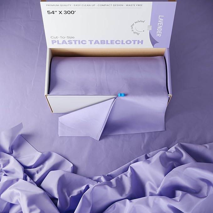 Party Solids 54 Inch X 300 Feet Lavender Plastic Table Cover Roll in A Cut - to - Size Box with Convenient Slide Cutter. Cuts Up to 36 Rectangle 8 Feet Plastic Disposable Tablecloths