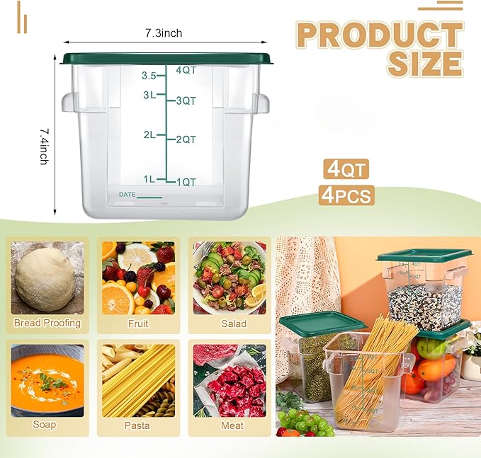 Maxcheck 4 Pcs 4qt Food Storage Container with Lids Bulk Clear Commercial Food Storage Bins with Scale Handle Space Saving Restaurant Tubs for Kitchen Prep Proof Dough Marinating Meat(Multicolor)