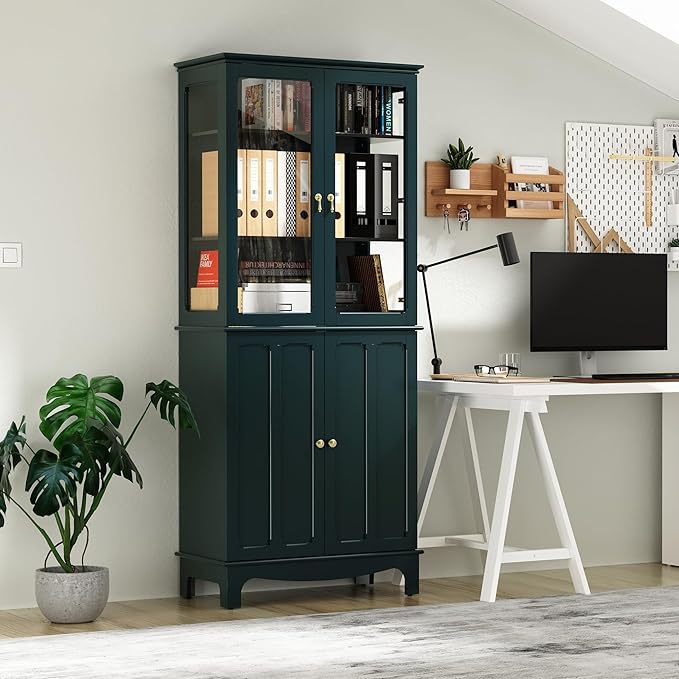 ARTPOWER 72" Freestanding Kitchen Pantry Storage Sideboard, Classical Tall Cabinet with Glass Door and Adjustable Shelves for Kitchen, Livingroom and Dining Room, Dark Teal