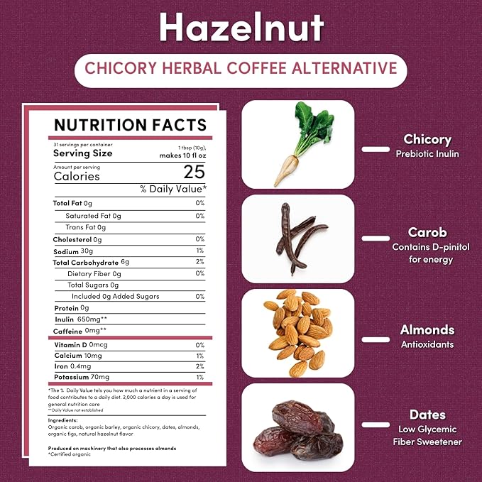 Teeccino Chicory Coffee Alternative - Hazelnut - 11 Ounce - Ground Herbal Coffee That?™s Prebiotic, Caffeine Free & Acid Free, Medium Roast