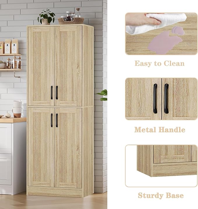 Pantry - Kitchen Pantry Cabinet with 4 Doors and Adjustable Shelves, Tall Black Cabinet Freestanding Storage Cupboard for Dining Room Living Room, Laundry, Bathroom (Natural)