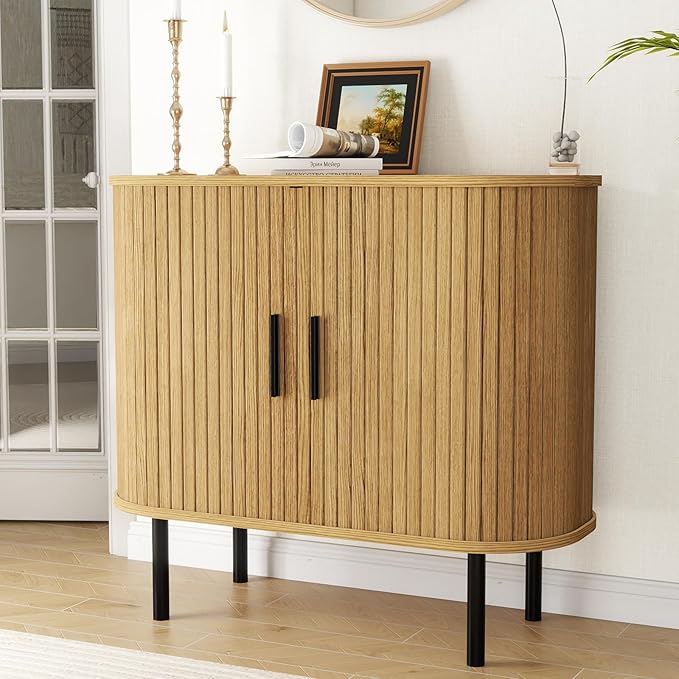 EAG Buffet Cabinet with Storage, 35" Fluted Sideboard Cabinet with Sliding Doors/Adjustable Shelves/Curved Profile, Credenza Cabinets for Living Room, Kitchen, Entryway, Natural
