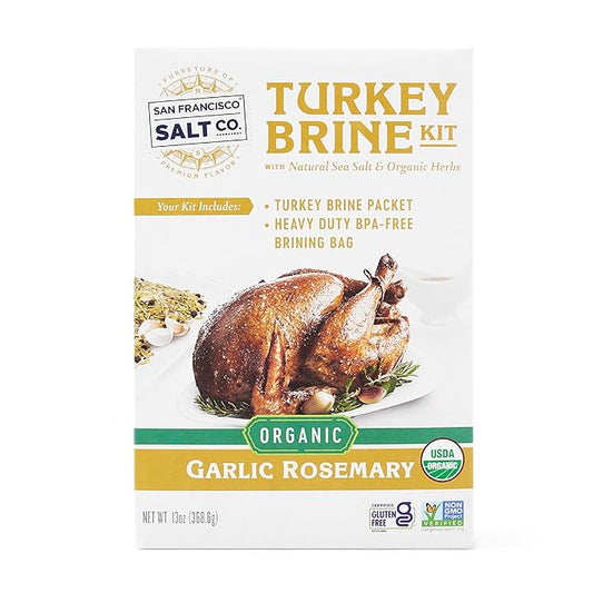 San Francisco Salt Company Organic Turkey Brine Kit ??13 oz Garlic & Rosemary Blend with BPA-Free Brine Bag ??Certified Organic & Kosher Seasoning for Whole, Smoked, Oven-Roasted, or