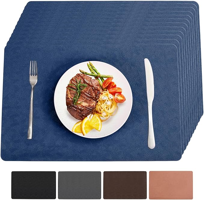 Bxzandya Vinyl Placemats Set of 12 Heat Resistant Easy Clean Non-Slip Place Mats for Dining Table Faux Leather Waterproof Stain Resistant Wipeable Washable PVC Table Mats(12, Blue)