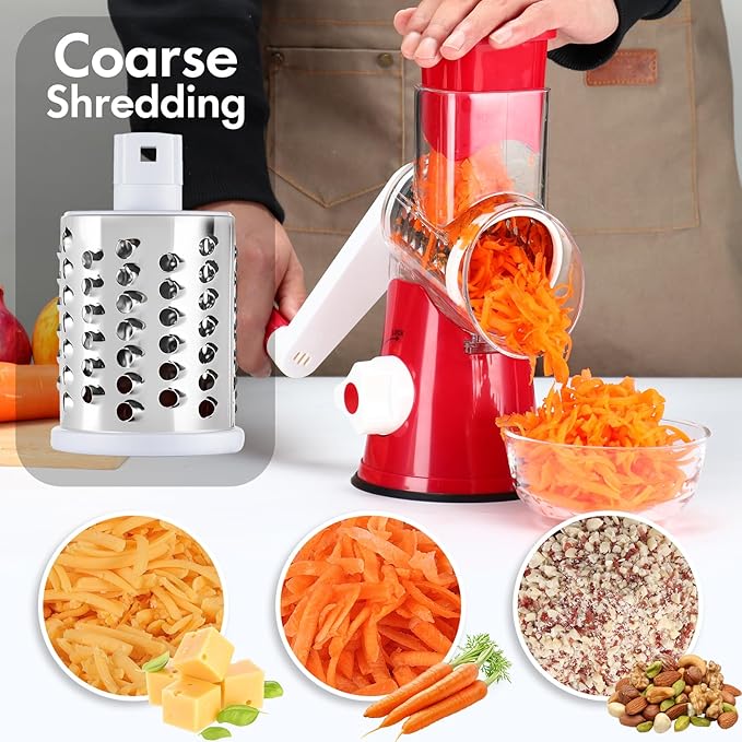 Ancevsk Rotary Cheese Grater Shredder, Speed Kitchen Manual Round Mandolin Slicer Safe Grinder with 3 Interchangeable Blades for Nuts, Carrot, Hashbrown, Garlic, Walnut, Potato, Chocolate (Red)