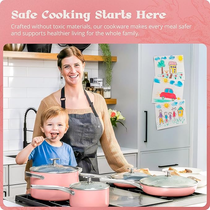 Premium Non-Toxic Ceramic Cookware Set ??Triple-Layer Nonstick 12 Piece Pots and Pans with Lids, PFAS-Free, Oven Safe for Healthy Meals, Space-Saving Design, Coral Pink Color | Greater Goods
